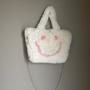 Cream Faux Fur Smile Tote Bag with Pink Accent